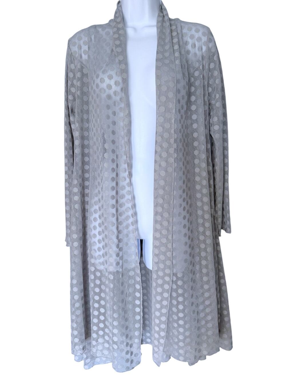 KOZAN Molly Cardigan Gray Dot Mesh Womens S Open Front Duster Jacket Art To Wear